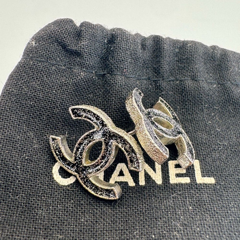 Chanel CC Enamel Glitter Silver Tone Stud Earrings - Picture 6 of 11